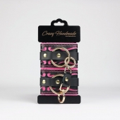 Черные кожаные наручники с розовой строчкой - Crazy Handmade - купить с доставкой в Арзамасе