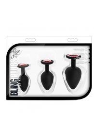 Набор черных анальных пробок с красным кристаллом-сердечком Bling Plugs Training Kit - Blush Novelties - купить с доставкой в Арзамасе