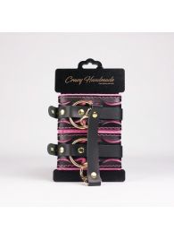 Черные кожаные оковы с розовой строчкой - Crazy Handmade - купить с доставкой в Арзамасе