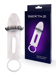 Закрытая насадка на пенис с подхватом мошонки и стимулирующими «ресничками» - Sextaz - в Арзамасе купить с доставкой
