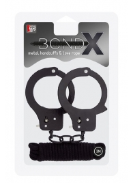 Чёрные наручники из листового металла в комплекте с веревкой BONDX METAL CUFFS LOVE ROPE SET - Dream Toys - купить с доставкой в Арзамасе