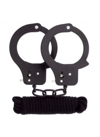 Чёрные наручники из листового металла в комплекте с веревкой BONDX METAL CUFFS LOVE ROPE SET - Dream Toys - купить с доставкой в Арзамасе