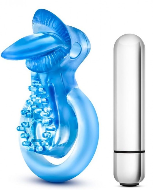 Голубое эрекционное виброкольцо 10 Function Vibrating Tongue Ring - Blush Novelties - в Арзамасе купить с доставкой