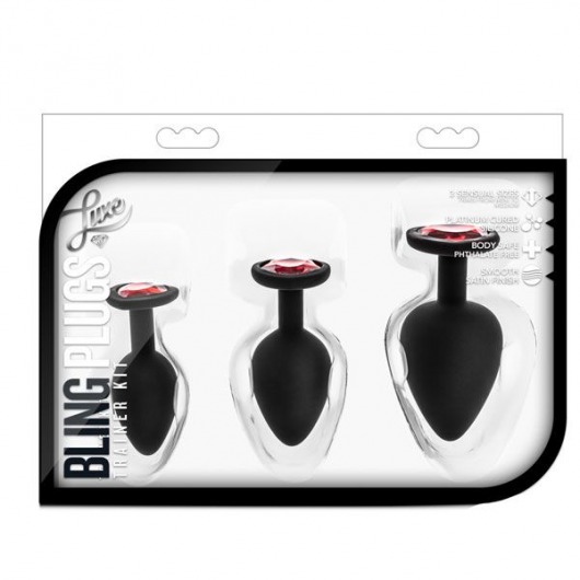 Набор черных анальных пробок с красным кристаллом-сердечком Bling Plugs Training Kit - Blush Novelties - купить с доставкой в Арзамасе