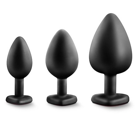 Набор черных анальных пробок с красным кристаллом-сердечком Bling Plugs Training Kit - Blush Novelties - купить с доставкой в Арзамасе