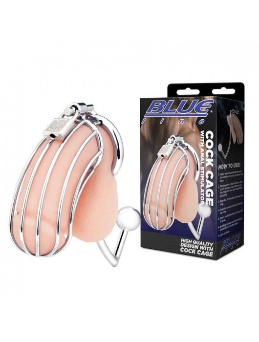Серебристая металлическая клетка с анальным стимулятором Cock Cage - BlueLine - купить с доставкой в Арзамасе