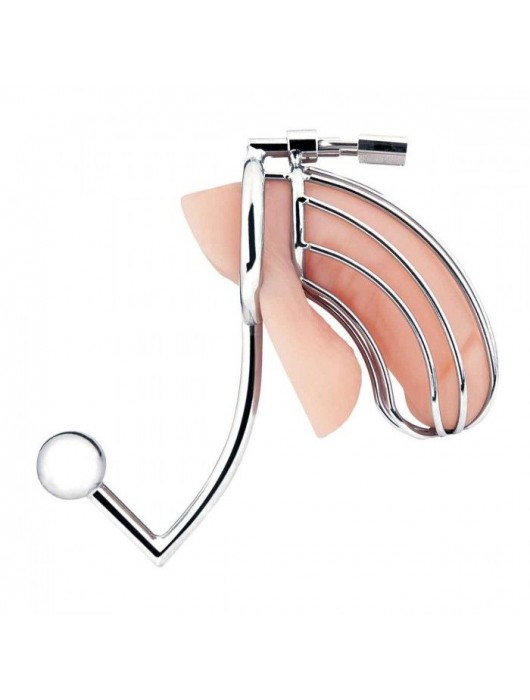 Серебристая металлическая клетка с анальным стимулятором Cock Cage - BlueLine - купить с доставкой в Арзамасе