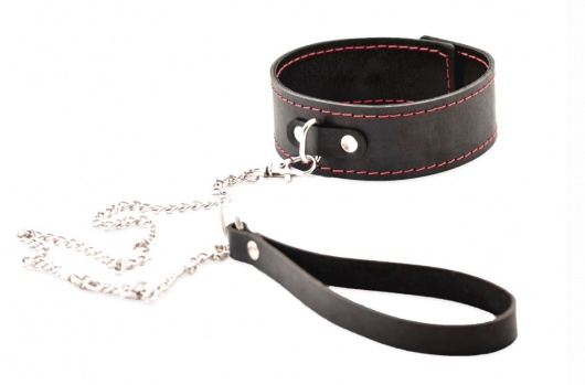 Черный широкий ошейник с красной строчкой и поводком - Crazy Handmade - купить с доставкой в Арзамасе