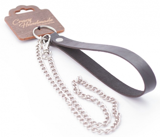 Серебристый металлический поводок с кожаной черной ручкой - 80 см. - Crazy Handmade - купить с доставкой в Арзамасе