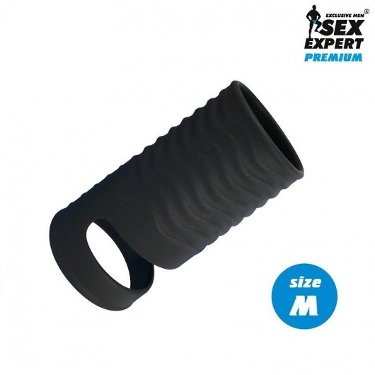 Черная открытая насадка на пенис с кольцом для мошонки size M - 7,9 см. - Sex Expert - в Арзамасе купить с доставкой