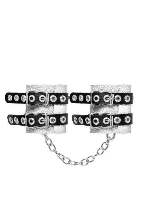 Бело-черные наручники с двумя ремешками и люверсами - Pecado - купить с доставкой в Арзамасе