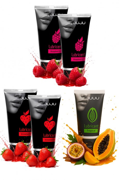 Набор из 5 съедобных лубрикантов JUJU (клубника х 2, малина х 2, тропические фрукты) - JuJu - купить с доставкой в Арзамасе