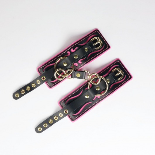 Черные кожаные наручники с розовой строчкой - Crazy Handmade - купить с доставкой в Арзамасе