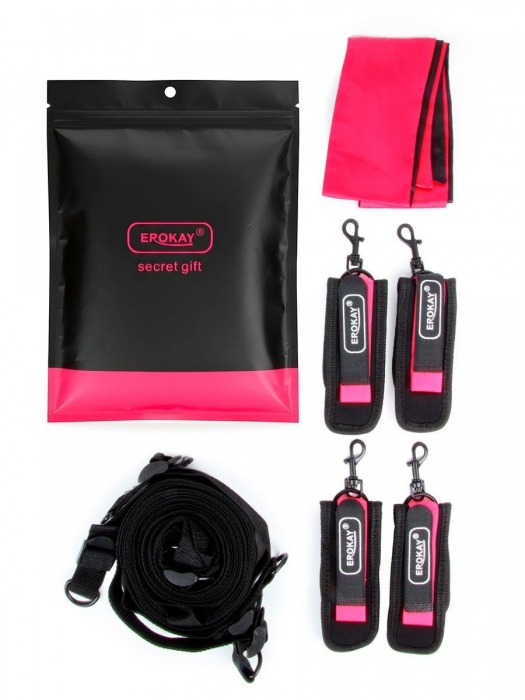 Черно-розовый эротический набор: фиксатор, оковы, наручники, повязка - Erokay - купить с доставкой в Арзамасе